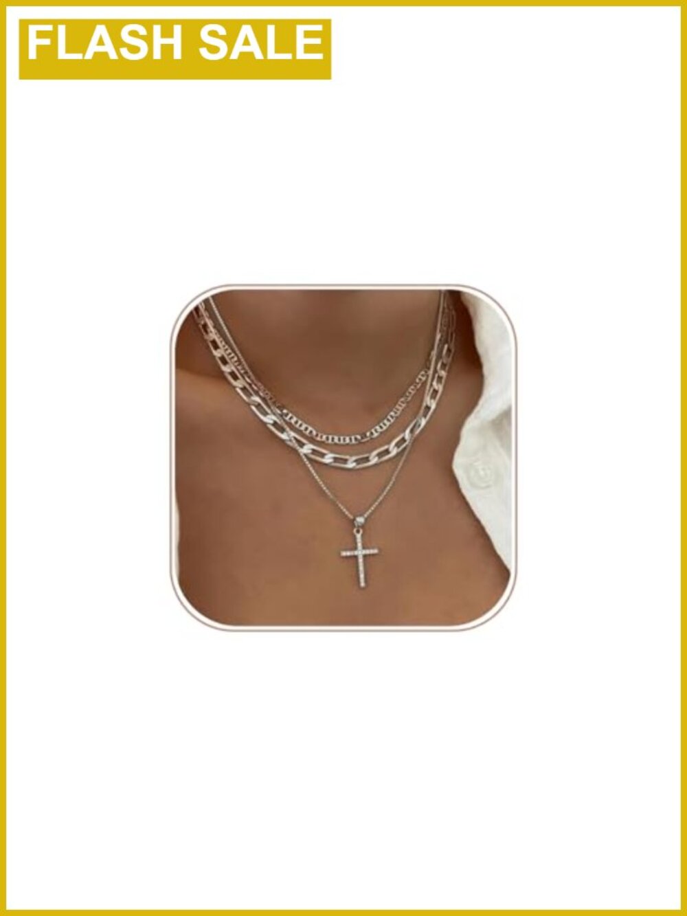 14K Silver Plated Layered Cross Necklace 3 Piece Set Dainty Gift